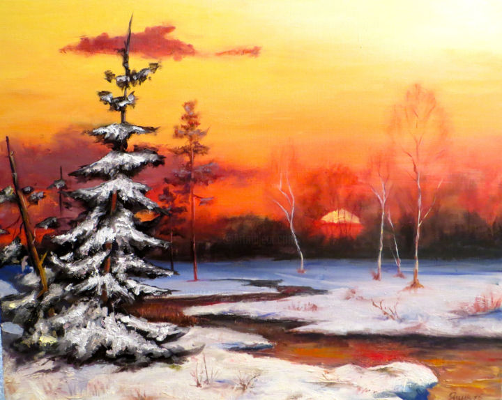 Картина под названием "Зима. Околица" - Ирина Яцив, Подлинное произведение искусства, Масло