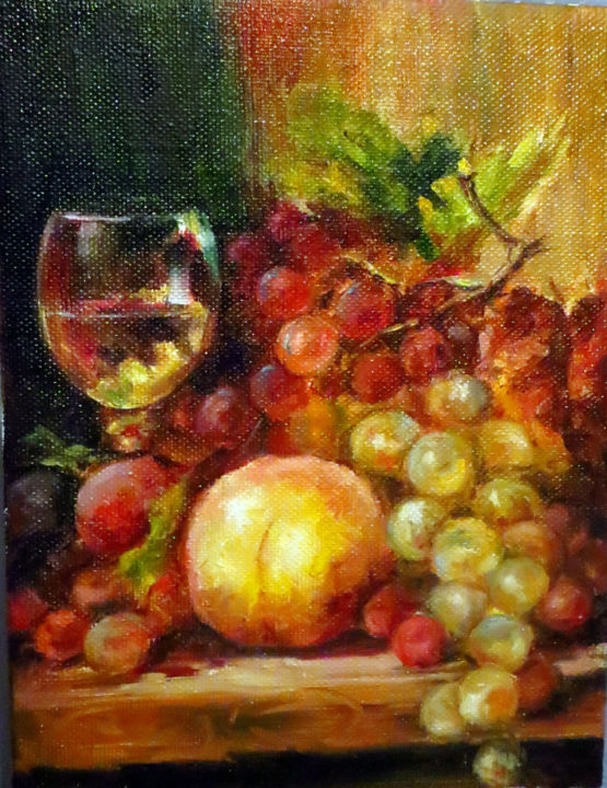 Malerei mit dem Titel "Персик в винограде" von Irina Iatsiv, Original-Kunstwerk, Öl