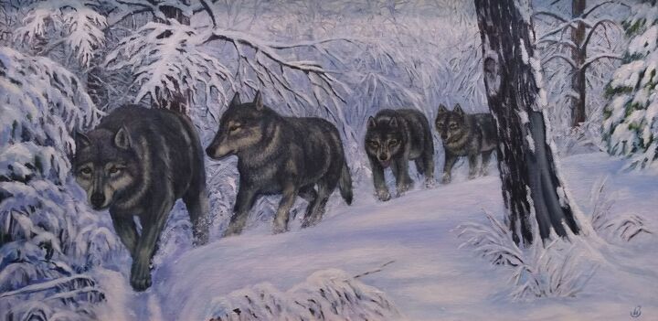 Painting titled "A pack of wolves" by Irina Zakharova, Original Artwork, Oil Mounted on Wood Stretcher frame