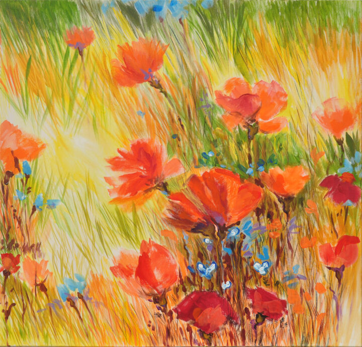 Painting titled ""FLOWERS OF AUGUST"" by Irina Zarubina, Original Artwork, Acrylic Mounted on Wood Stretcher frame