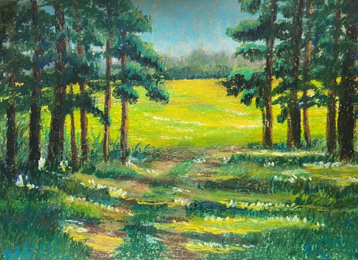 Painting titled "Sunny glade" by Irina Shepchenko, Original Artwork, Pastel