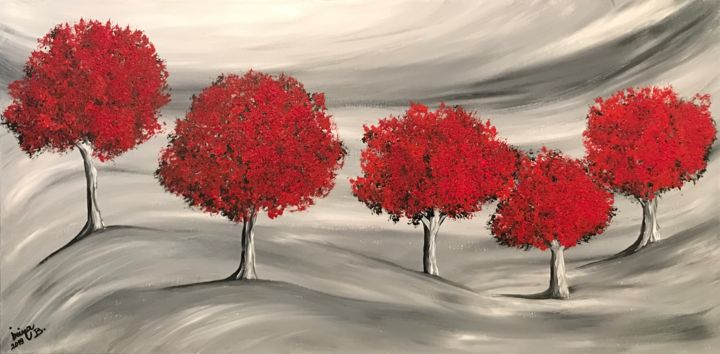 Painting titled "Red trees in the wi…" by Irina Bbota, Original Artwork, Acrylic Mounted on Wood Stretcher frame