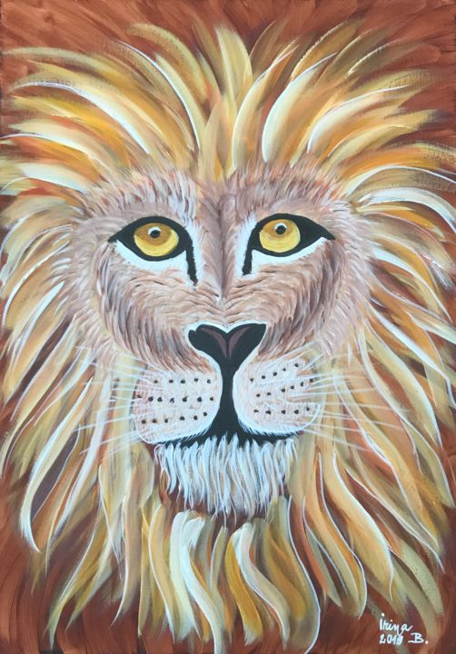 Painting titled "Cute lion head acry…" by Irina Bbota, Original Artwork, Acrylic Mounted on Wood Stretcher frame