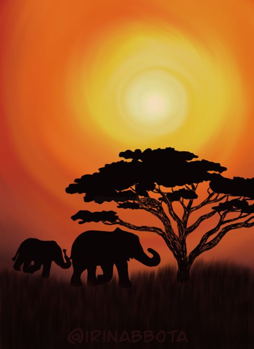 Digital Arts titled "African sunset in t…" by Irina Bbota, Original Artwork, Digital Painting