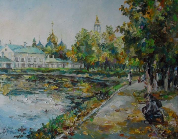 Картина под названием "Белый пруд" - Irene Kruglov, Подлинное произведение искусства, Масло