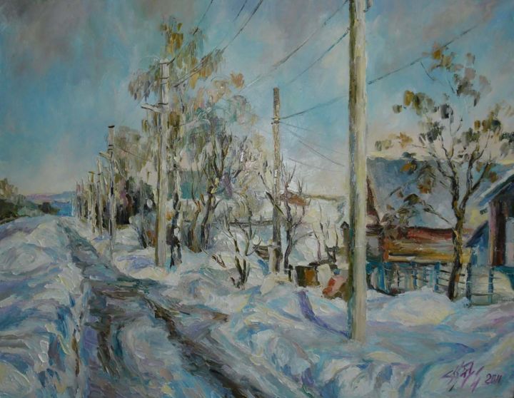 Картина под названием "Деревенский переулок" - Irene Kruglov, Подлинное произведение искусства, Масло