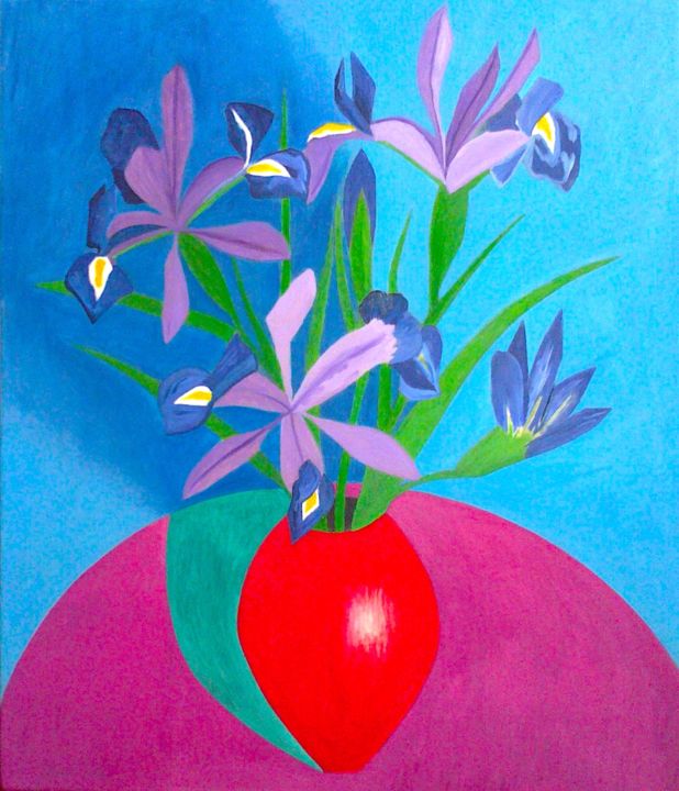 Painting titled "Irises In Red Vase" by Irina Rabeja, Original Artwork, Oil Mounted on Wood Stretcher frame