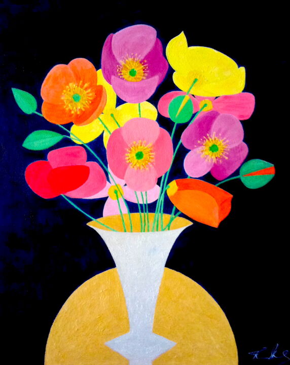 Schilderij getiteld "Coloured Poppies in…" door Irina Rabeja, Origineel Kunstwerk, Olie Gemonteerd op Frame voor houten bran…