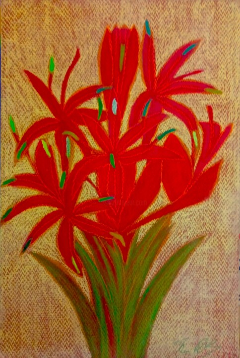Painting titled "Gymea Lilies on Yel…" by Irina Rabeja, Original Artwork, Pastel