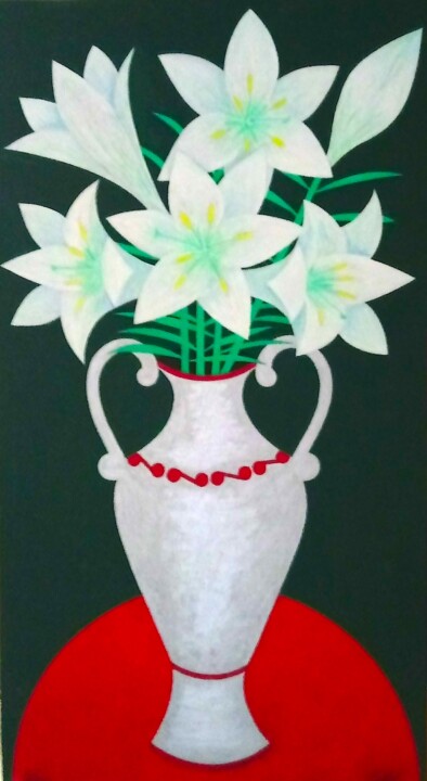 Malerei mit dem Titel "Lilies in Silver Va…" von Irina Rabeja, Original-Kunstwerk, Öl