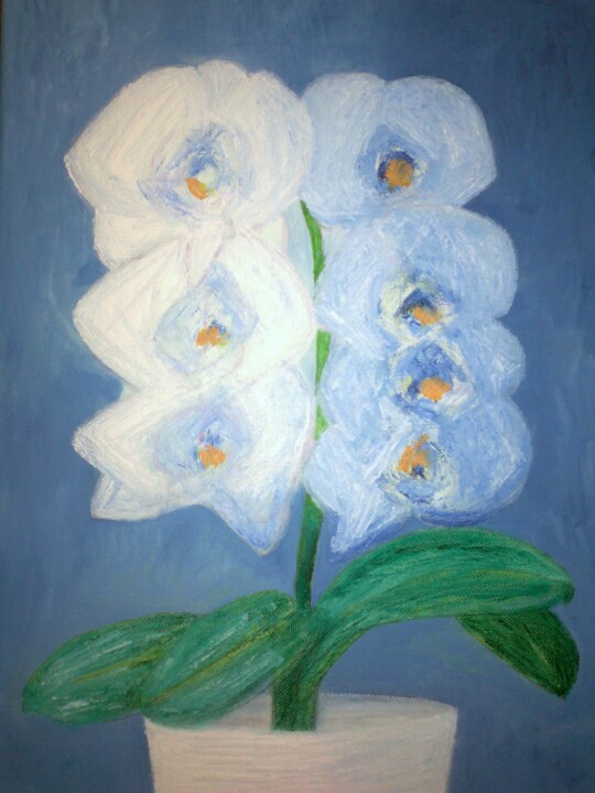 Painting titled "White Orchid in Pot" by Irina Rabeja, Original Artwork, Oil Mounted on Wood Stretcher frame