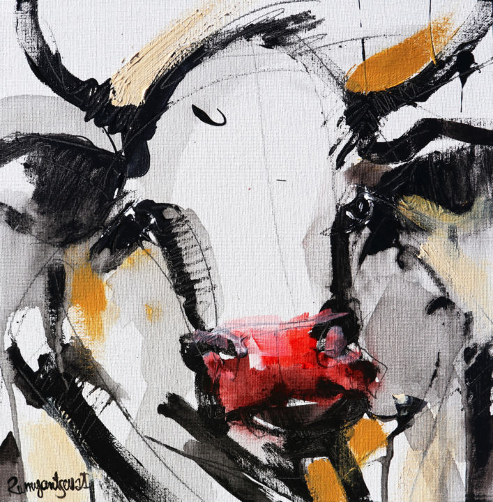 Painting titled "Curious Cow 7" by Irina Rumyantseva, Original Artwork, Acrylic