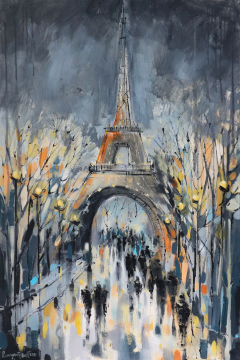 「Memories Of Paris」というタイトルの絵画 Irina Rumyantsevaによって, オリジナルのアートワーク, アクリル ウッドストレッチャーフレームにマウント