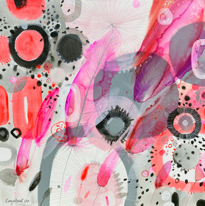 Malerei mit dem Titel "Pink Collage" von Irina Rumyantseva, Original-Kunstwerk, Acryl Auf Keilrahmen aus Holz montiert