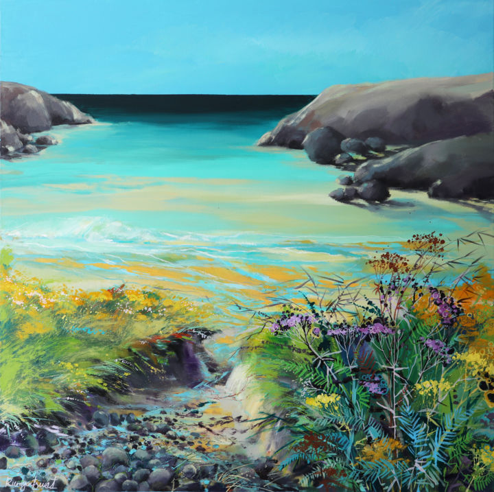 Painting titled "Cornwall Sunny Coast" by Irina Rumyantseva, Original Artwork, Acrylic Mounted on Wood Stretcher frame