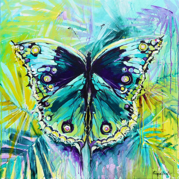 Painting titled "Butterfly 2021" by Irina Rumyantseva, Original Artwork, Acrylic Mounted on Wood Stretcher frame