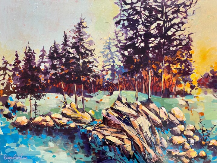 Painting titled "Along The River Side" by Irina Rumyantseva, Original Artwork, Acrylic Mounted on Wood Stretcher frame