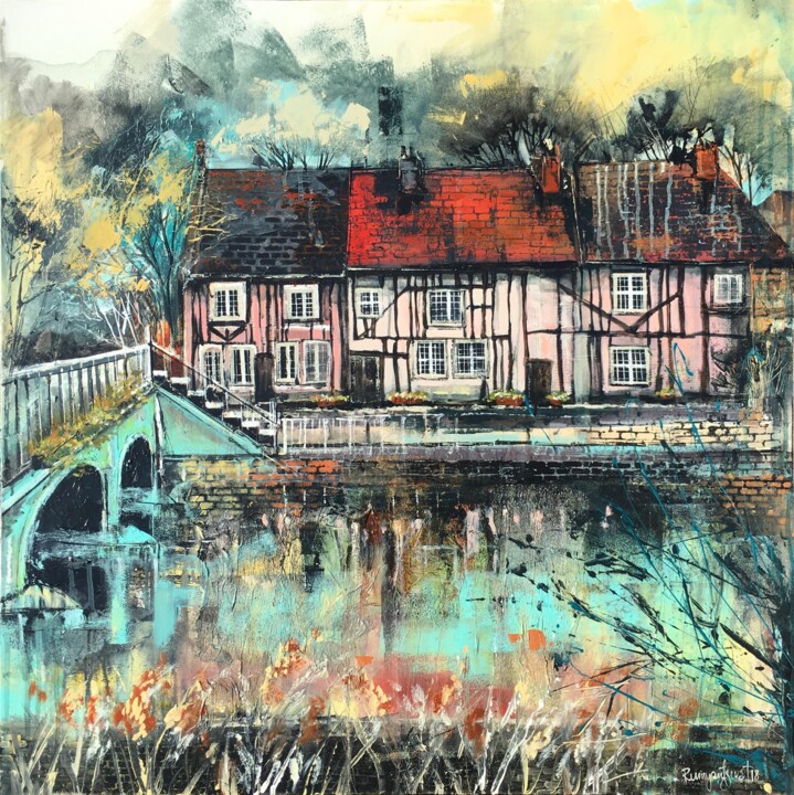 Painting titled "River Colne" by Irina Rumyantseva, Original Artwork, Acrylic Mounted on Wood Stretcher frame