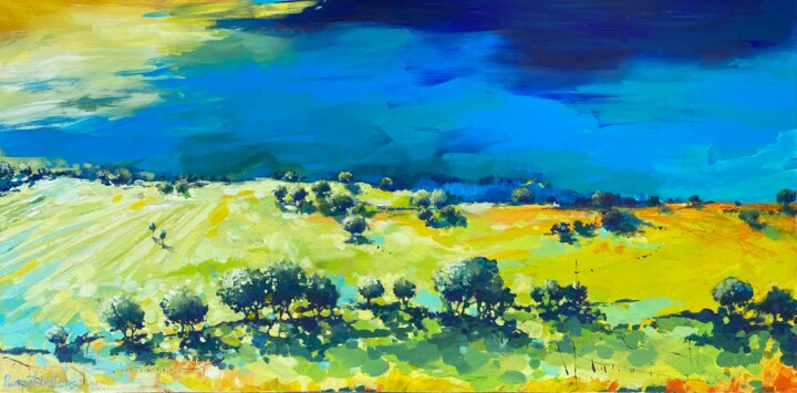 Malarstwo zatytułowany „Countryside Landsca…” autorstwa Irina Rumyantseva, Oryginalna praca, Akryl Zamontowany na Drewniana…