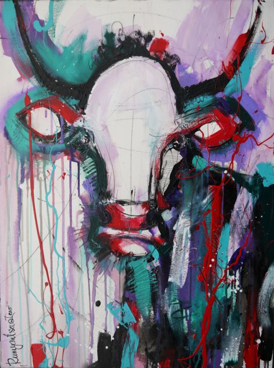 Painting titled "Funky Cow 9" by Irina Rumyantseva, Original Artwork, Acrylic