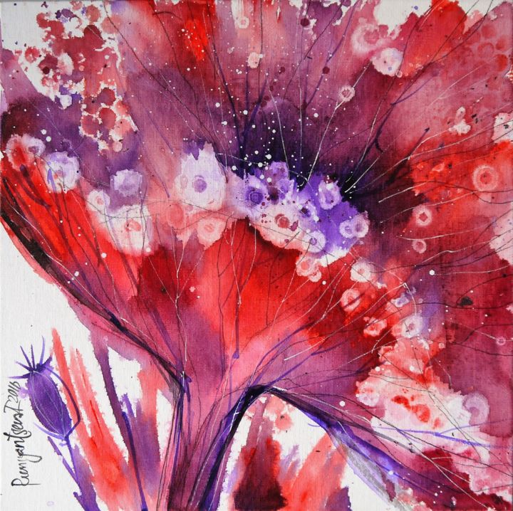 Painting titled "Poppy Burst 3" by Irina Rumyantseva, Original Artwork, Acrylic