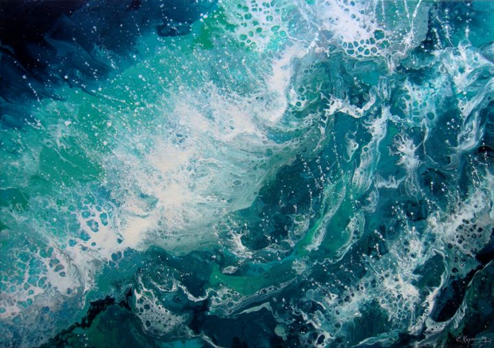 「Seascape "Turquoise…」というタイトルの絵画 Irini Karpikiotiによって, オリジナルのアートワーク, アクリル