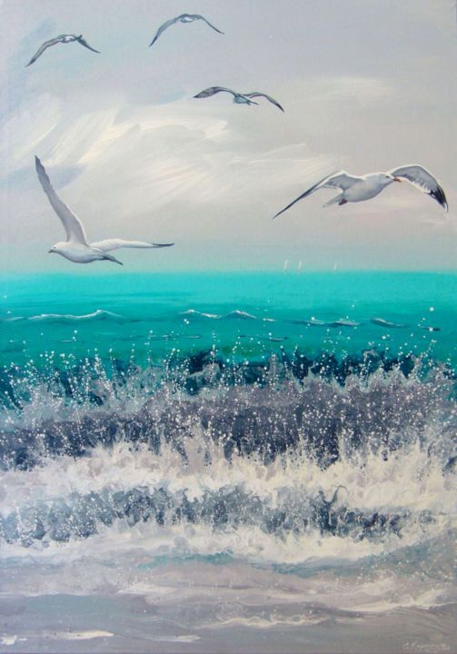 Painting titled "Seascape "Waves & S…" by Irini Karpikioti, Original Artwork, Acrylic