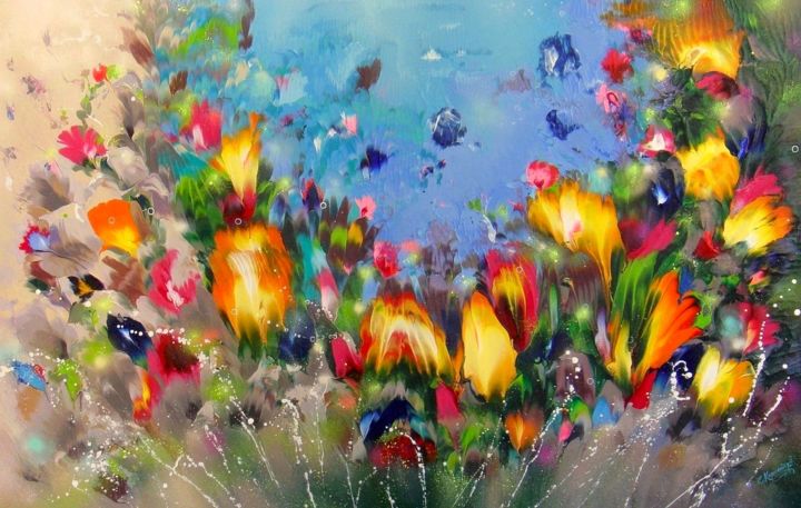 Painting titled "63" Flowers XL Flor…" by Irini Karpikioti, Original Artwork, Acrylic