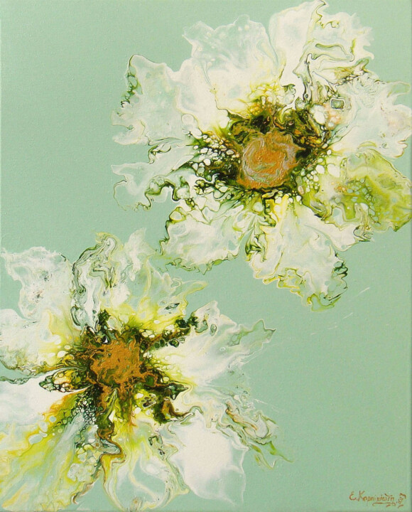 Painting titled "White Flowers" by Irini Karpikioti, Original Artwork, Acrylic Mounted on Wood Stretcher frame