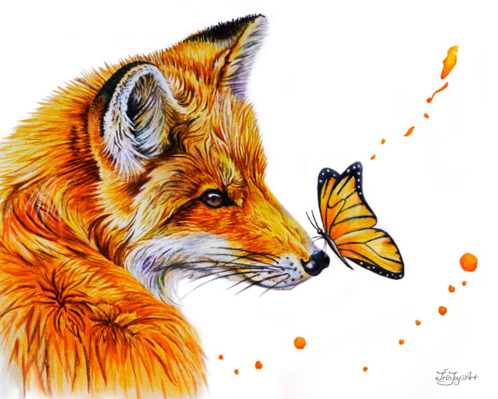 Painting titled "Red fox Butterfly w…" by Irinjoyart, Original Artwork, Watercolor