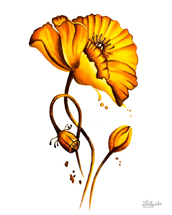 Картина под названием "Yellow poppy 2 flor…" - Irinjoyart, Подлинное произведение искусства, Акварель