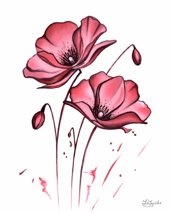 Картина под названием "Flower Poppy 3 Mode…" - Irinjoyart, Подлинное произведение искусства, Акварель