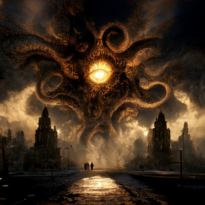 Artes digitais intitulada "Lovecraftian Armage…" por Irio Lavagno, Obras de arte originais, Imagem gerada por IA