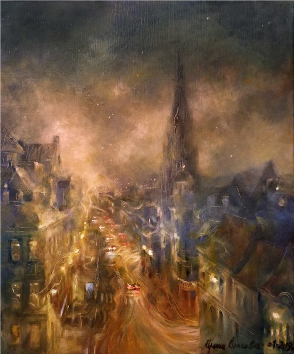 Schilderij getiteld "Sint-Antoniuskerk" door Irene Vlassova, Origineel Kunstwerk, Olie