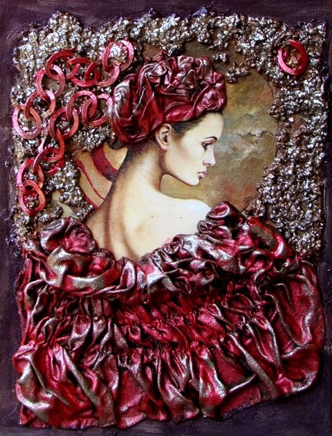 제목이 "RED LADY"인 섬유 예술 Balázsné Böjti / Irisz/로, 원작, 패브릭