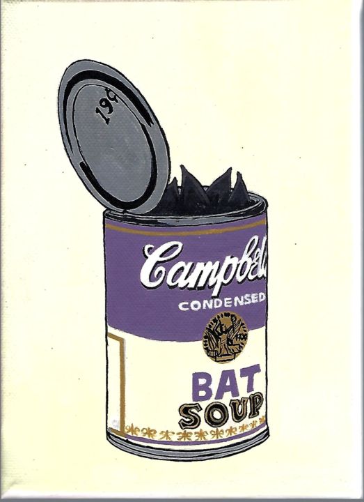 Painting titled "Can of Batsoup open" by Irit Reddy, Original Artwork, Acrylic Mounted on Wood Stretcher frame