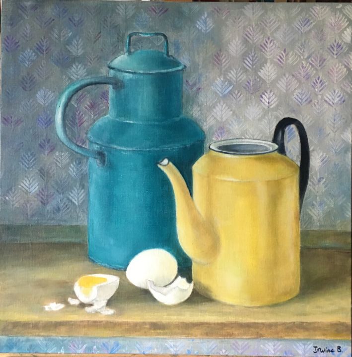 Painting titled "Nature morte aux oe…" by Irwine B., Original Artwork, Oil