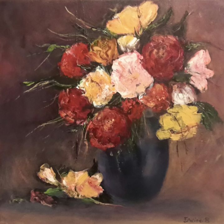 Painting titled "Pivoines fond sombre" by Irwine B., Original Artwork, Acrylic