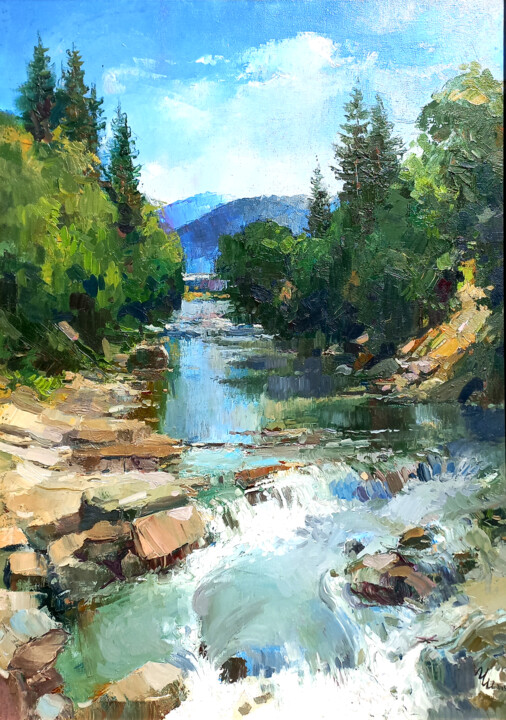 Painting titled "The Waterfall in Ya…" by Iryna Cnernenko, Original Artwork, Oil