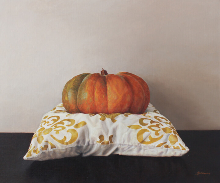 Картина под названием "Pumpkin on a pillow" - Iryna Dolzhanska, Подлинное произведение искусства, Масло Установлен на Деревя…