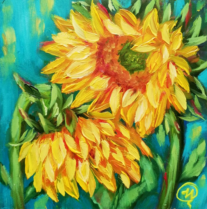 Painting titled "Sunflowers - Framed" by Iryna Fedarava, Original Artwork, Oil