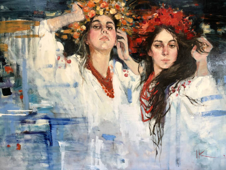 Painting titled "ANNA AND OKSANA UKR…" by Iryna Kalyuzhna, Original Artwork, Oil Mounted on Wood Stretcher frame