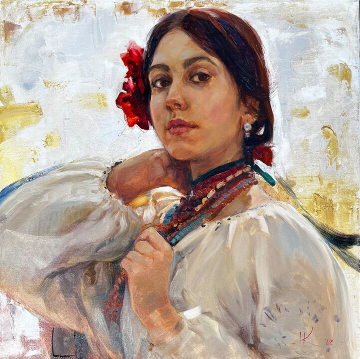 Painting titled "IRA ukrainian beaut…" by Iryna Kalyuzhna, Original Artwork, Oil Mounted on Wood Stretcher frame