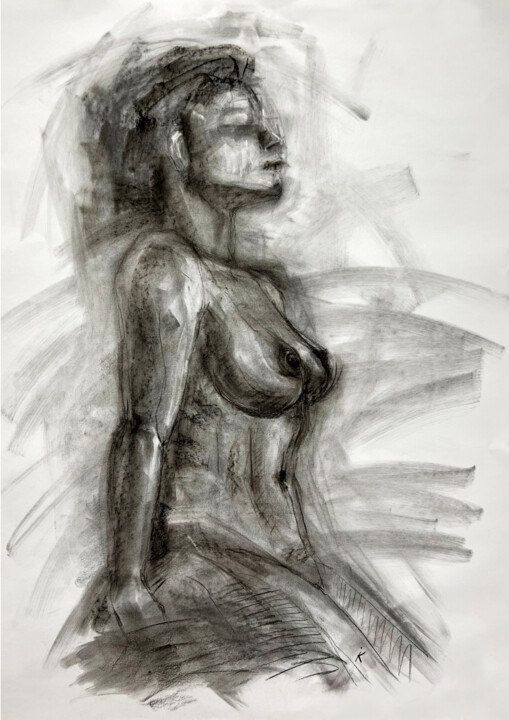 Drawing titled "Naked girl sitting" by Iryna Kopyrina, Original Artwork, Charcoal