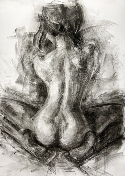 Drawing titled "Nude girl _2" by Iryna Kopyrina, Original Artwork, Charcoal
