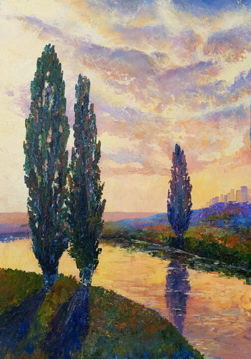 Painting titled "Evening by the river" by Iryna Makhovska, Original Artwork, Oil Mounted on Wood Stretcher frame