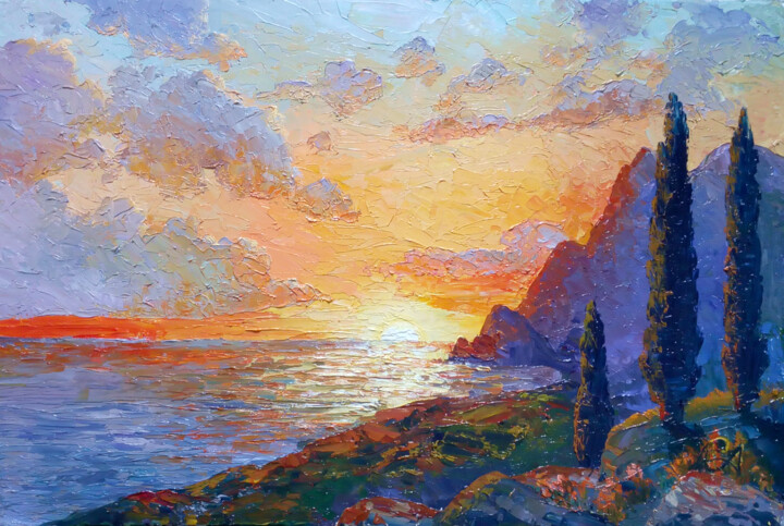 Pintura titulada "Crimea. Sunset." por Iryna Makhovska, Obra de arte original, Oleo Montado en Otro panel rígido