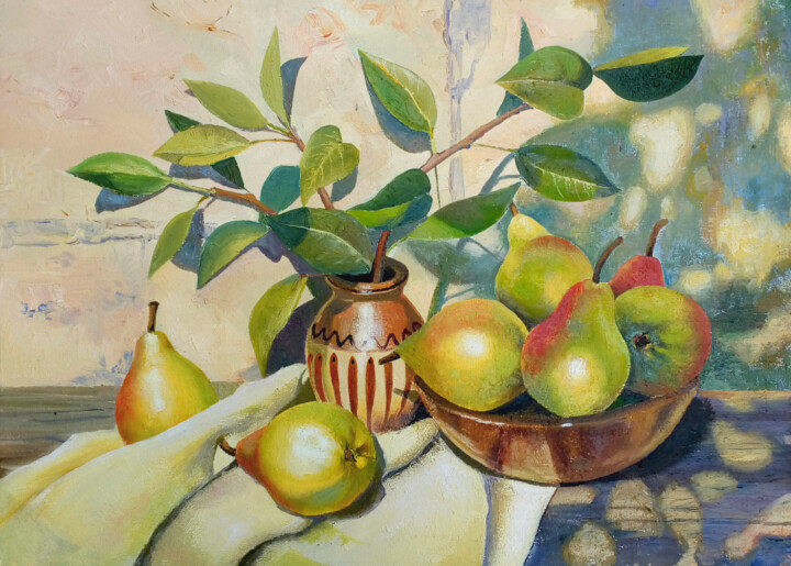 Painting titled "Pears" by Iryna Makhovska, Original Artwork, Oil Mounted on Wood Stretcher frame