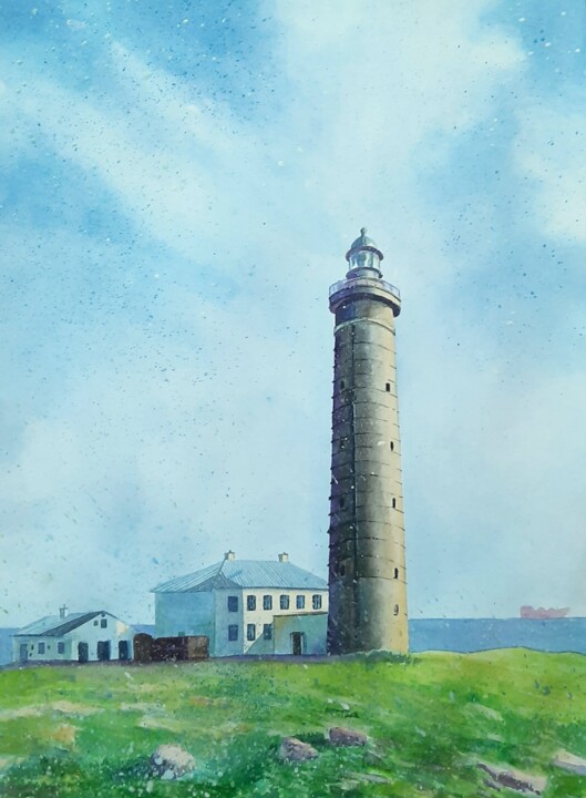 Painting titled "Gray lighthouse" by Iryna Makhovska, Original Artwork, Watercolor