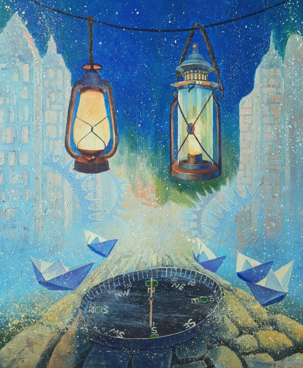 Painting titled "Time to travel" by Iryna Makhovska, Original Artwork, Acrylic Mounted on Wood Stretcher frame